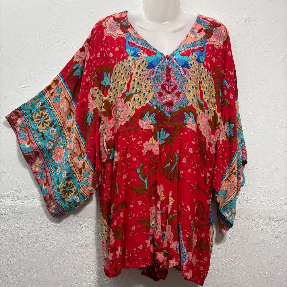 FP To Love Boho Bohemian Romper Kimono Sleeves Peacock Short Red Open Back M